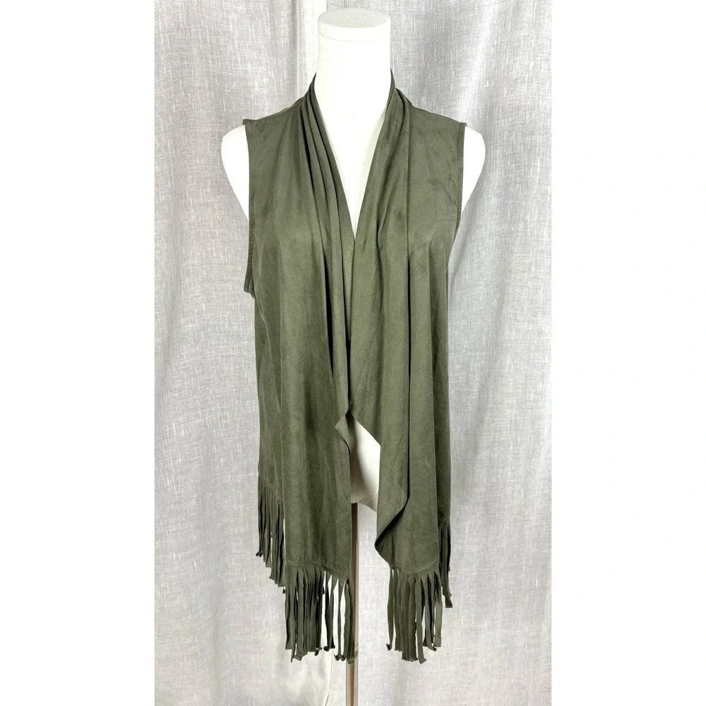 Open Front Ultra Suede Vest Tassels Size S/M Festival Boho Olive Green‎ Vegan